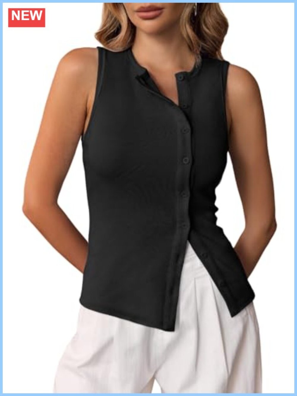 Ribbed Sleeveless Button Down Tank Top Slim Fit Summer Vest